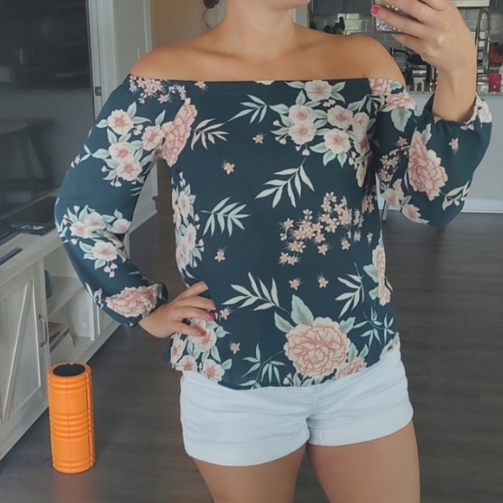 Floral Off-Shoulder Top - Navy and Pink